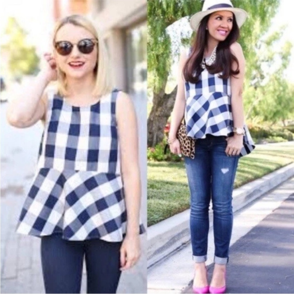 Anthropologie HD in Paris Navy Blue & White Buffalo Check Gingham Peplum Top - Picture 14 of 14